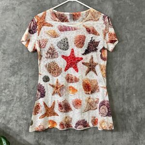 Miss Nikky Embellished burnout novelty print tunic top  Women's S beach travel